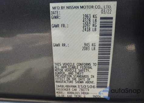 2022 Nissan Altima S Fwd из США, поврежденный, VIN 1N4BL4BV4NN350506